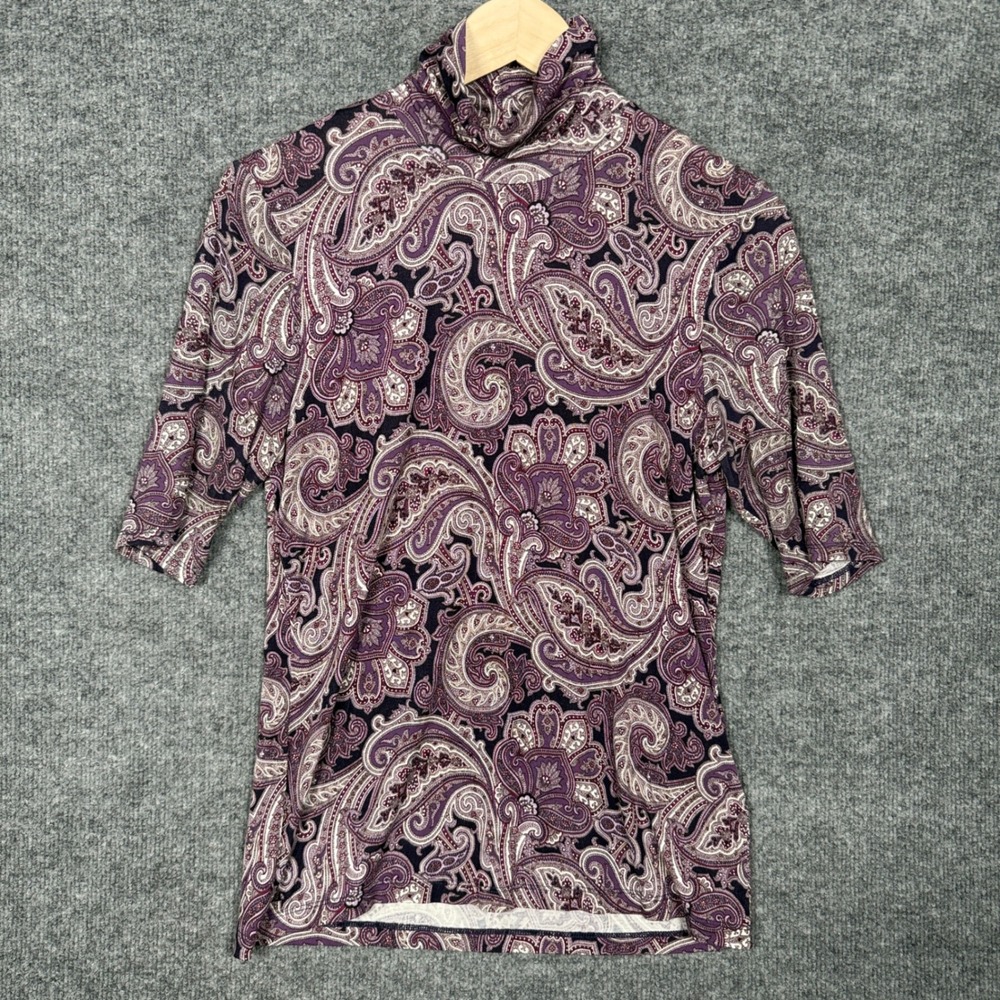 Lauren Ralph Lauren Large Top Blouse Purple Tan Mock Neck Paisley Short Sleeves